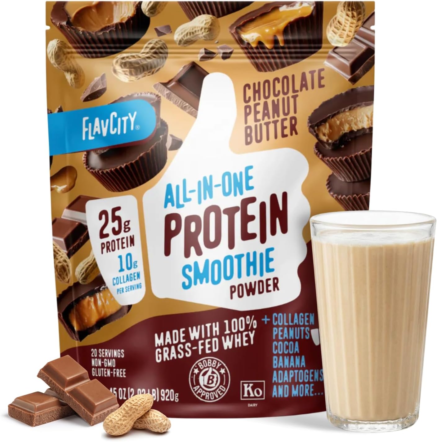 FlavCity Grass Fed Whey Chocolate Protein Powder – Chocolate Peanut Butter – 25g Protein & 10g Collagen – Made with Organic Cocoa & Coconut Milk – Gluten Free & No Added Sugars (20 Servings)
