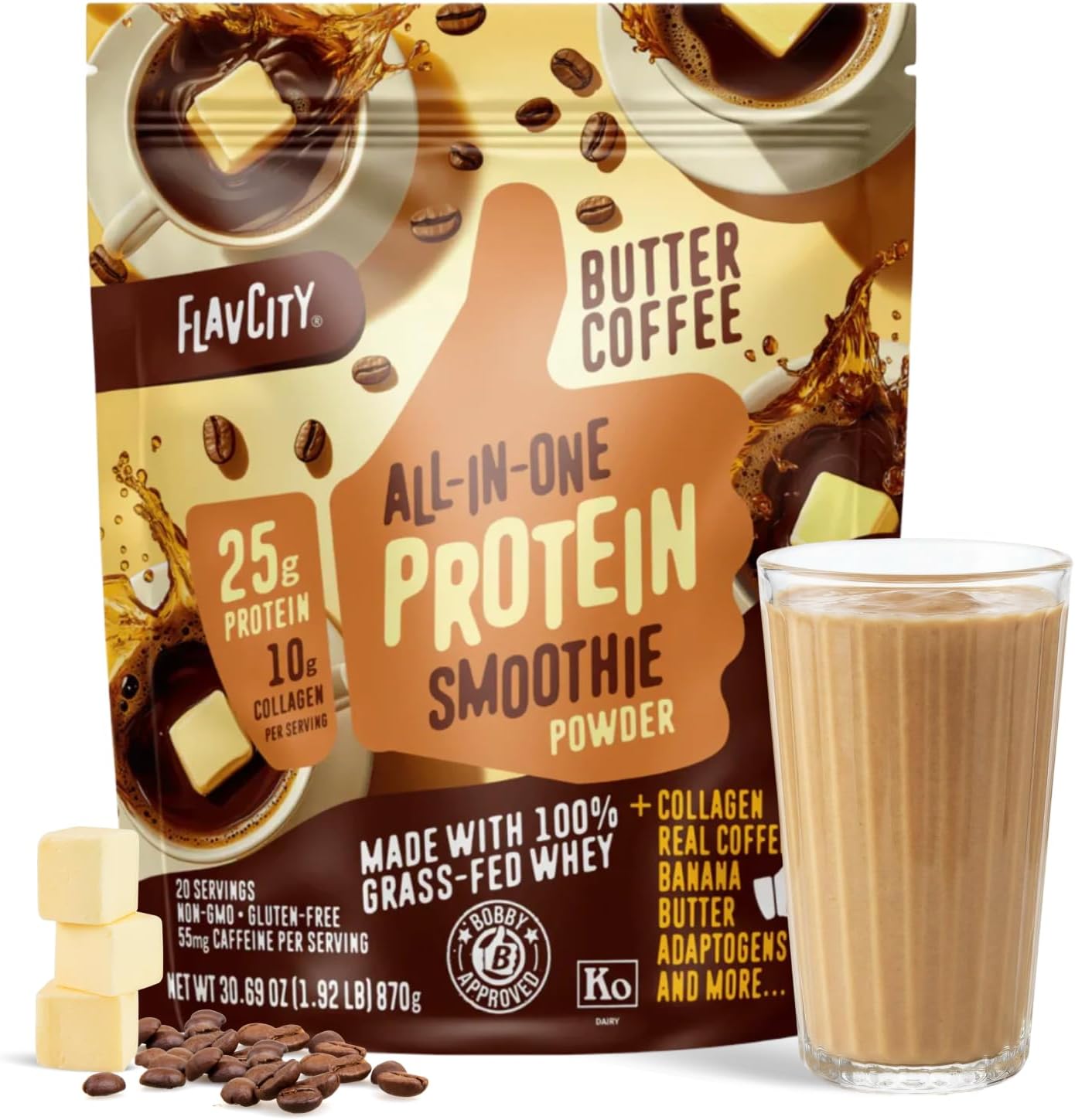FlavCity All in One Protein Shake Powder, Butter Coffee – 55mg Caffeine + Collagen Peptides, Reishi & Cordyceps – Focus, Skin, Hair & Joint Support – 100% Grass Fed Whey, 20 Servings