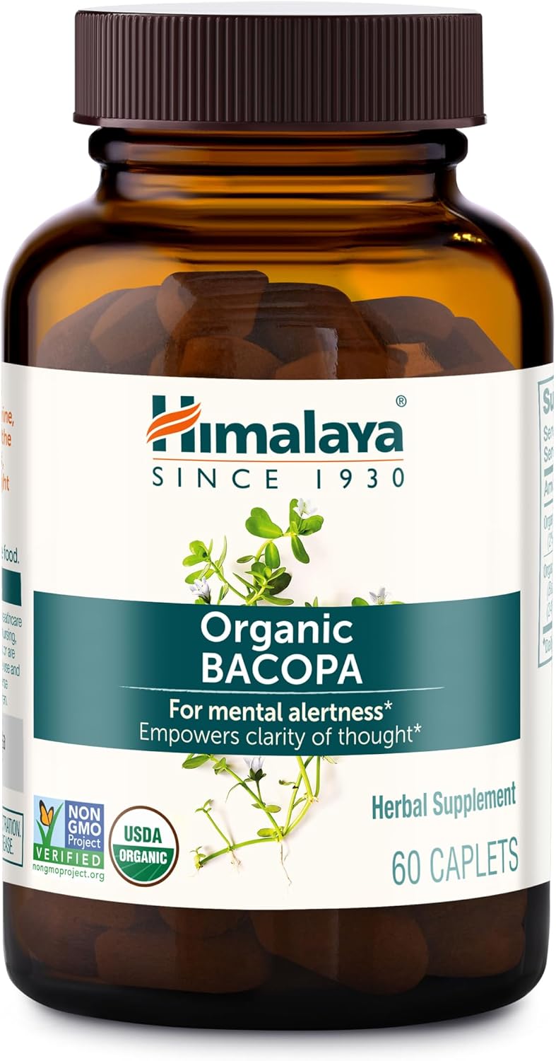 Himalaya USDA Organic Bacopa Monnieri Nootropic Herbal Supplement,Brahmi,Bacopa Supplements, Bacopa Extract,Mental Alertness, Supports Calm,Memory,Cognition,Non-GMO,750 mg, 60 Plant-Based Caplets
