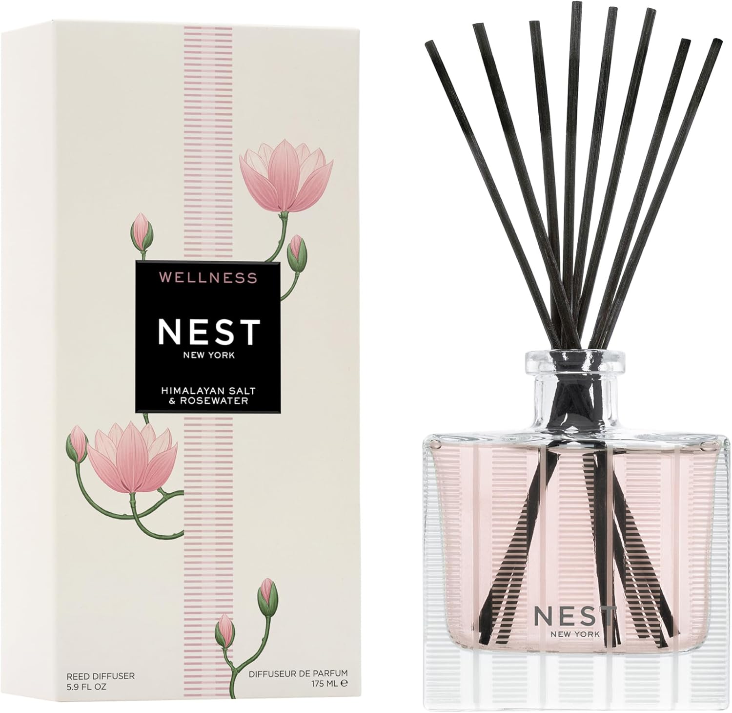 NEST New York Reed Diffuser, Himalayan Salt & Rosewater – The Wellness Collection – 5.9 fl oz – Fragrance for Up to 90 Days – Reusable, Refillable Glass Holder – Includes 8 All-Natural Reed Sticks