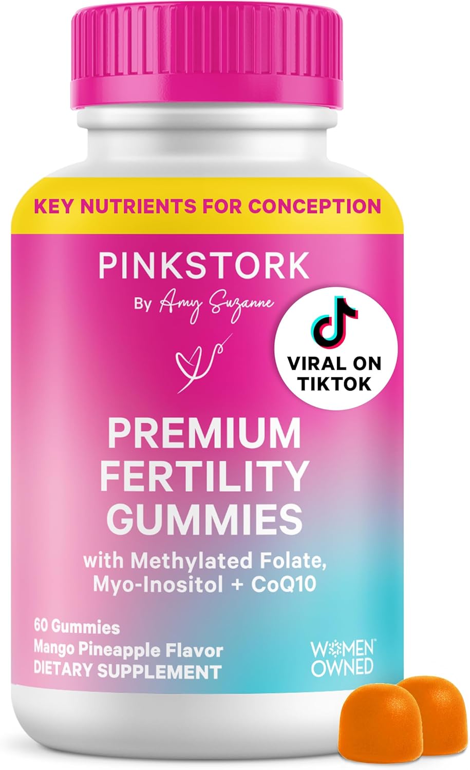 Pink Stork Fertility Gummies for Women | CoQ10, Myo-Inositol, Methylated Folate | Preconception Vitamins | Hormone Balance, Ovarian + Egg Quality Support | OBGYN-Formulated | 60 Count