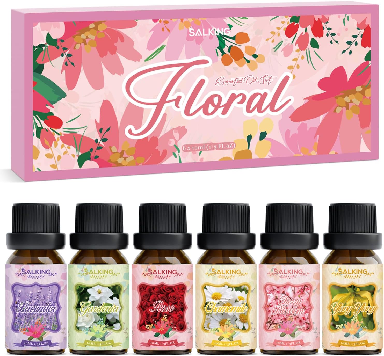 SALKING Floral Essential Oils Set, Premium Pure and Natural Essential Oils, Fragrance Oil Scented Oils for Oil Diffusers 6 x 10 ML – Lavender, Rose, Cherry Blossom, Ylang Ylang, Gardenia, Chamomile