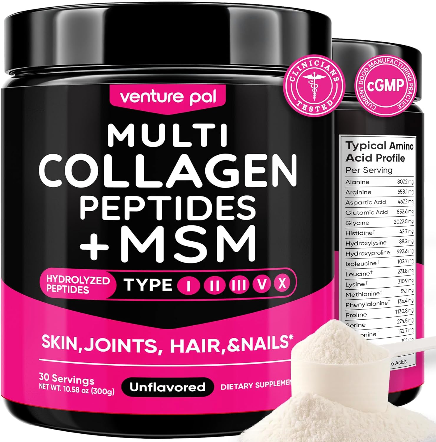 Venture Pal Multi Collagen Protein Powder Type I, II, III, V, X – Hydrolyzed Collagen Peptides MSM, GC, Hyaluronic Acid Vitamin C | Collagen Supplement for Women | Joint, Hair, Skin & Nail Support