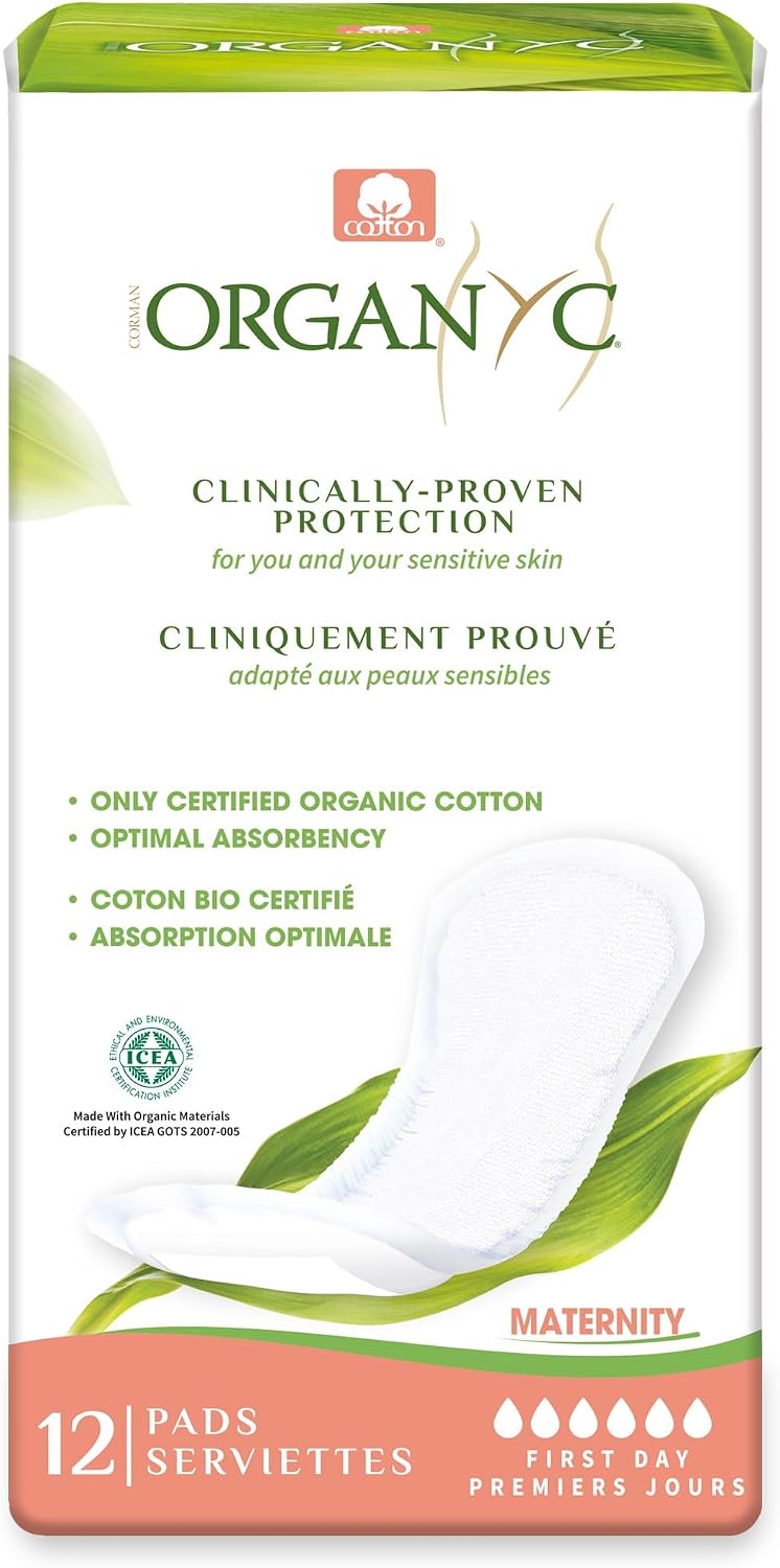 Organyc Hospital Postpartum Pads, 100% Certified Organic Cotton Inside and Out for Women, for First Days After Delivery, 12 Counts