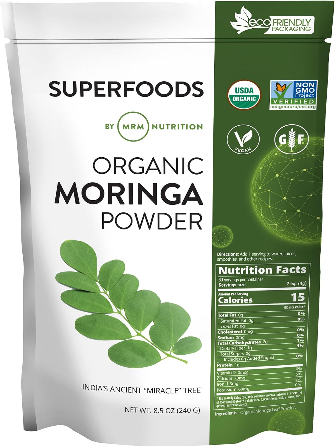 MRM Organic Moringa Powder – USDA Organic Moringa Leaf Powder, Superfood High in Fiber and Antioxidants for Smoothies, Tea, and Daily Nutrition, for Women & Men, Vegan and Gluten-Free – 60 Servings