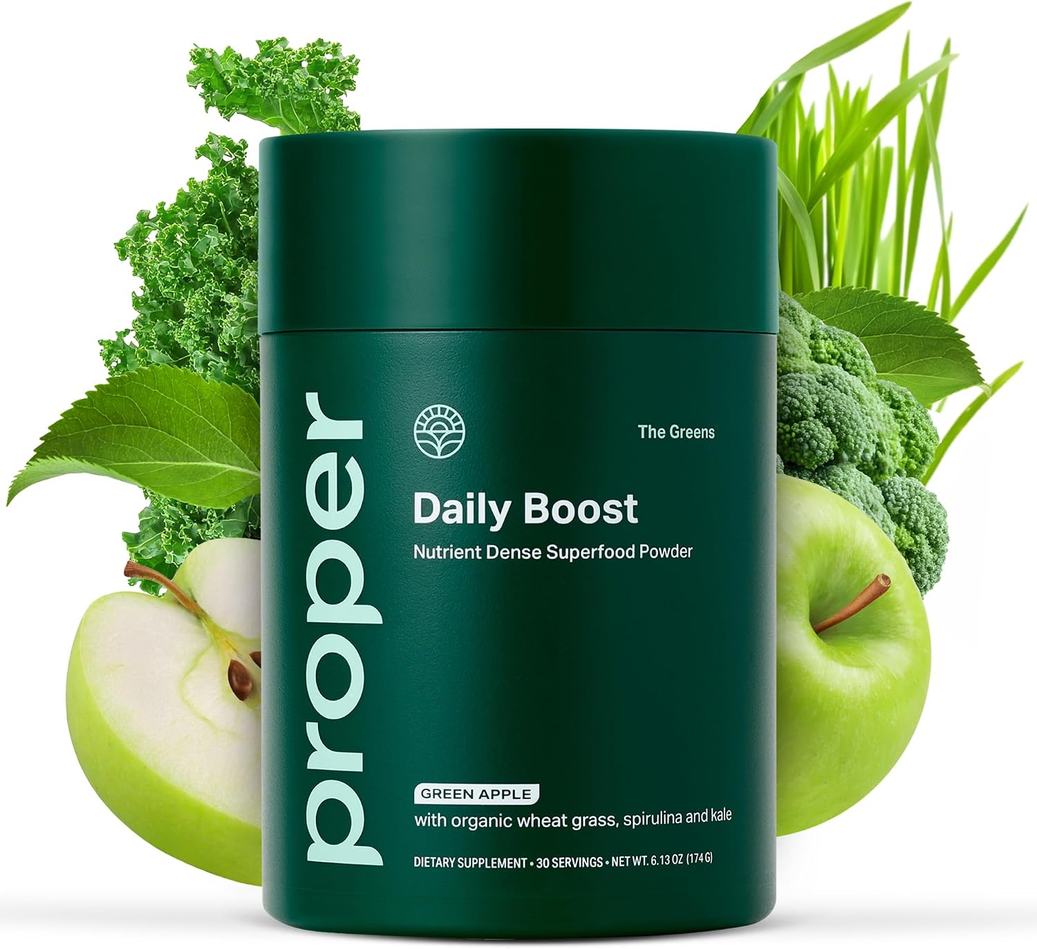 Proper, The Greens Daily Boost Organic Greens Powder. Whole Food, Apple Flavour Veggie Powder Superfood with Wheatgrass, Spirulina, Chlorella, Probiotics. Daily Drink Mix for Wellness and Digestion
