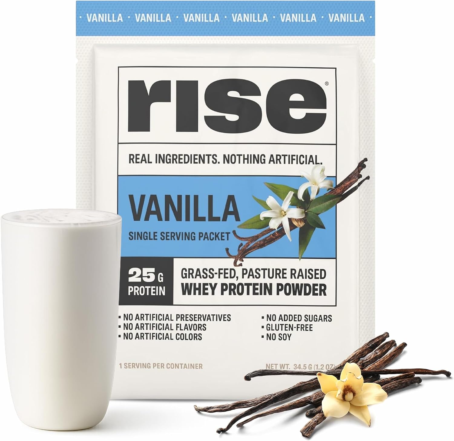 Rise Grass-Fed Whey Protein Powder – Vanilla | 25g Protein No Artificial Flavors, Colors, or Preservatives – Sugar Free, Gluten-Free, Soy Free (Single Serving, 1 Pack)