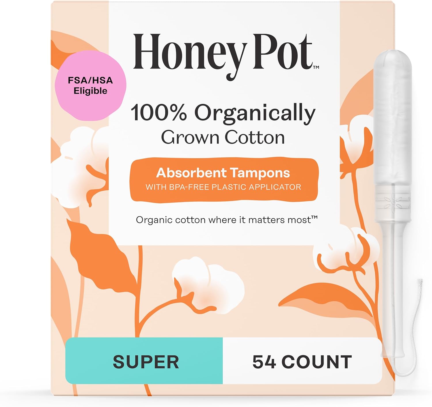The Honey Pot Company – Super Absorbency – 100% Organic Cotton Core Tampons w/Bio Plastic Applicator – Feminine Care – Unscented – 54 Count (3 Packs of 18)