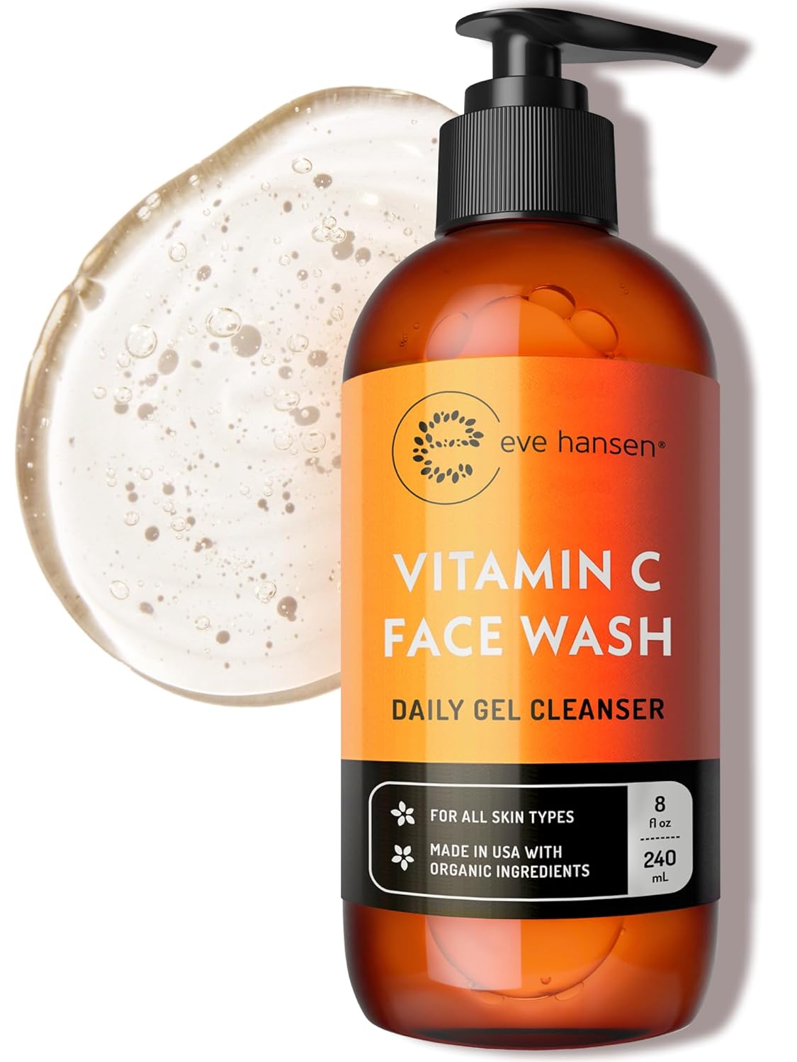 Vitamin C Cleanser Face Wash – HUGE 8 oz Gentle Facial Cleansing Gel for Uneven Skin Tone, Age Spots and Fine Lines – Natural Face Soap with Aloe Vera, Green Tea, Ginseng