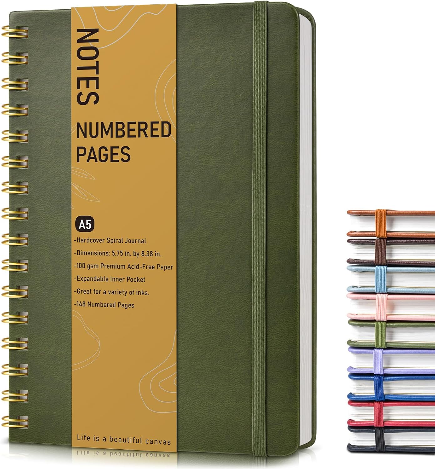 Lined Spiral Journal Notebook, A5 Hardcover Spiral Journals for Women Men, 150 Numbered Pages Spiral Bound Notebook, 100 GSM College Ruled Notebooks for Work, Note Taking 5.75″ x 8.38″, Olive Green