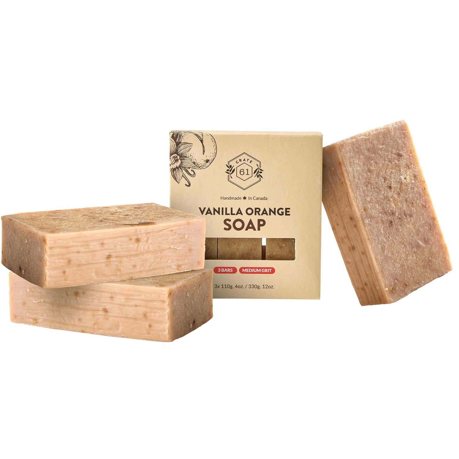 Crate 61 Organics, Handmade in Canada, Plant Based Cold Process Natural Bar Soap For Face And Body, With Premium Essential Oils, For Men And Women 3 Pack (Vanilla Orange)