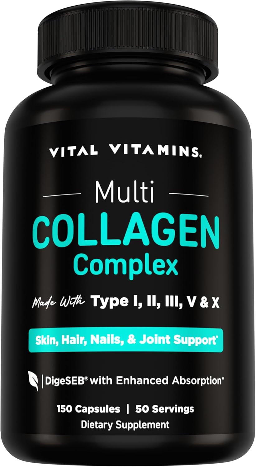 Vital Vitamins Multi Collagen Peptides Capsules for Women & Men – Type I, II, III, V, X Collagen Supplements – Grass-Fed, Non-GMO – 150 Pills