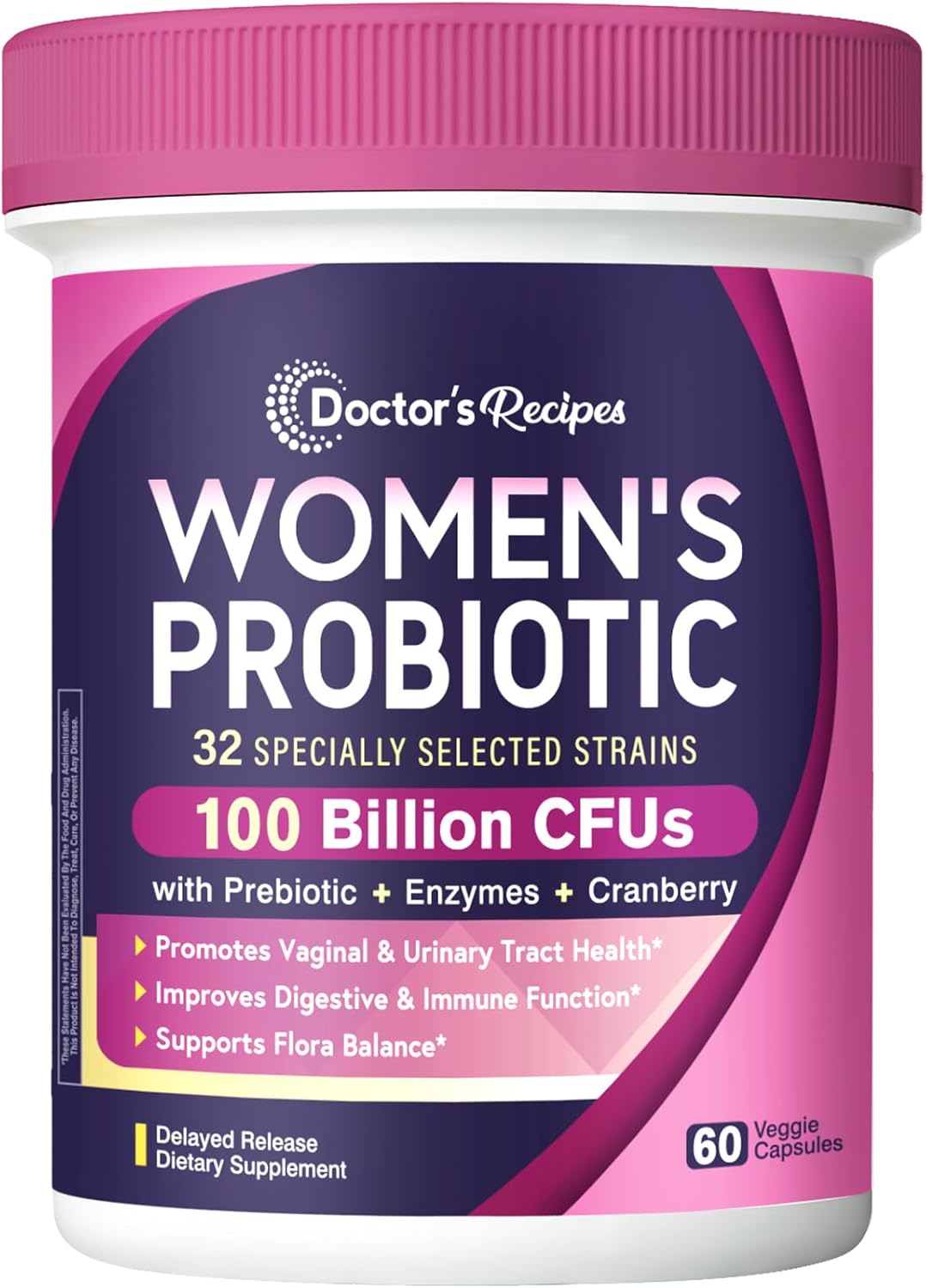 Doctor’s Recipes Probiotics for Women, 100 Billion CFU 32 Strains, with Prebiotic, Enzymes & Cranberry, Shelf Stable, Delayed Release, 60 Caps