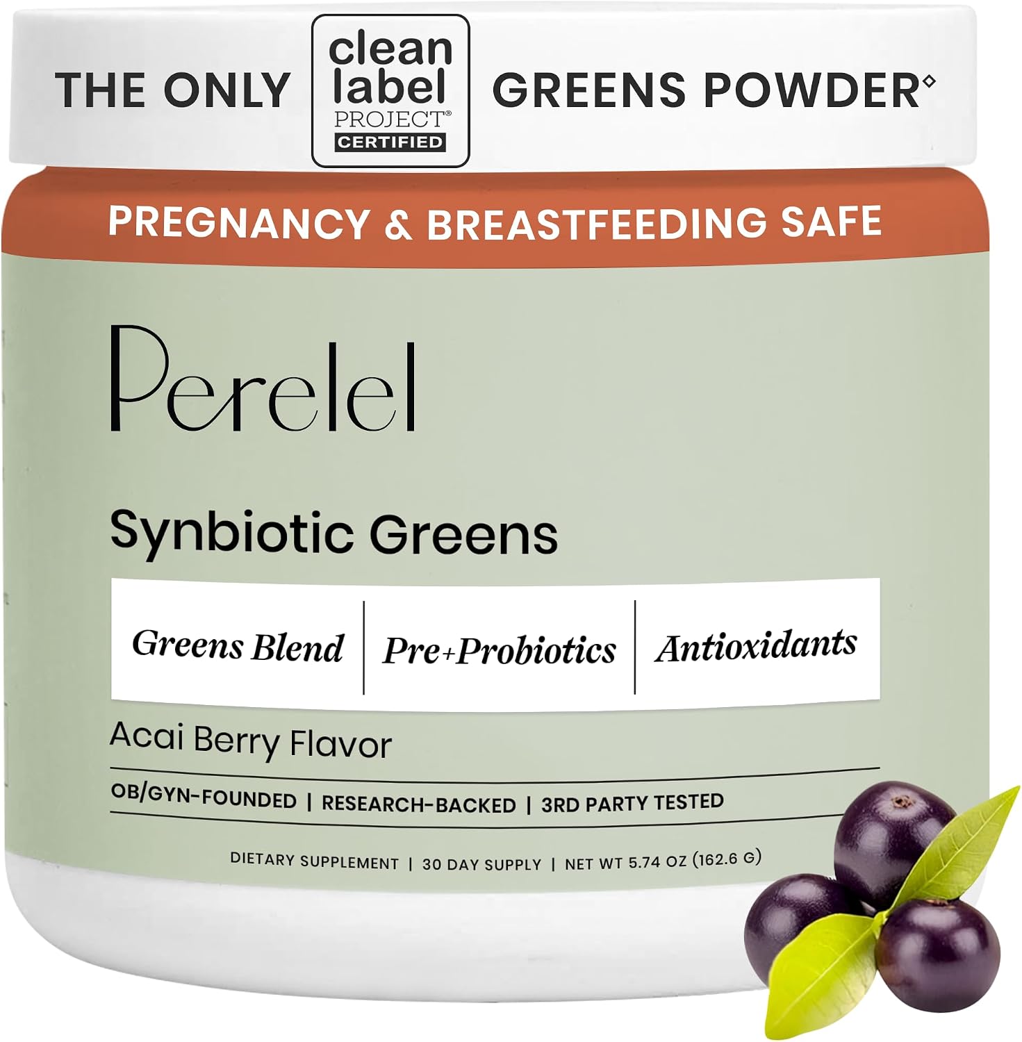 Perelel Synbiotic Greens Powder, Superfood Blend with Fruits, Vegetables, Probiotics, Fiber, Spirulina & Chlorella, Daily Greens Supplement, Soy & Gluten Free, Non GMO, Acai Berry Flavor, 30 Servings