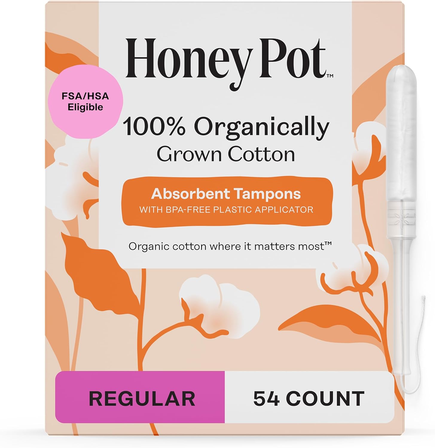 The Honey Pot Company – Regular Absorbency – 100% Organic Cotton Core Tampons w/Bio Plastic Applicator – Feminine Care – Unscented – 54 Count (3 Packs of 18)