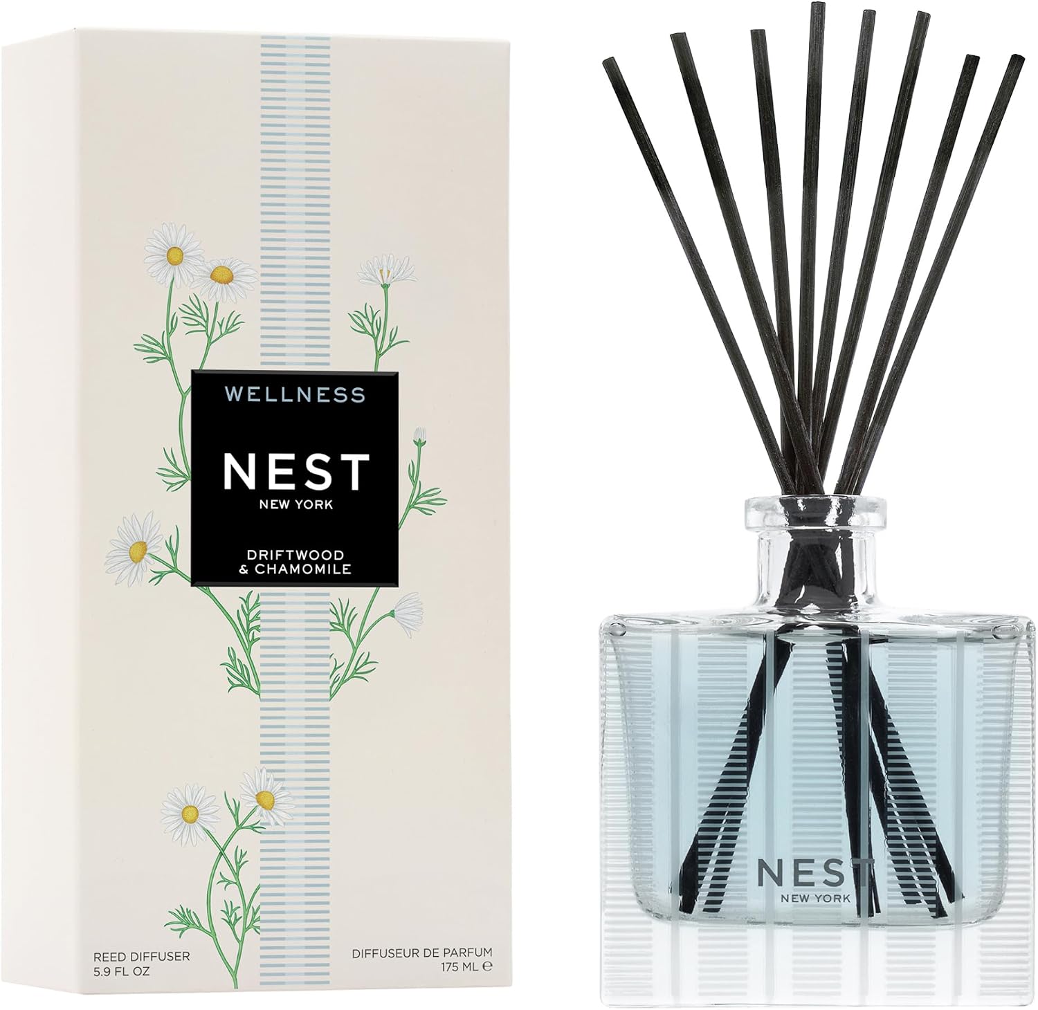NEST New York Reed Diffuser, Driftwood & Chamomile – The Wellness Collection – 5.9 fl oz – Fragrance for Up to 90 Days – Reusable, Refillable Glass Holder – Includes 8 All-Natural Reed Sticks