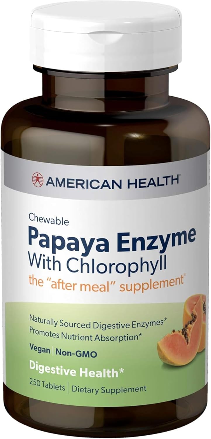 American Health Papaya Enzyme Chewable Tablets – Promotes Nutrient Absorption, Helps Digestion and Freshens Breath with Chlorophyll & Pepermint – Gluten-Free, Vegetarian – 250 Count