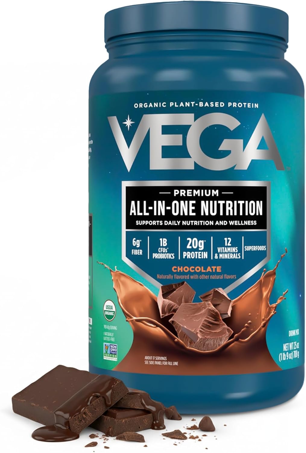 Vega All-in-One Nutrition Organic Vegan Protein Powder – Chocolate, 20g Protein Meal Replacement Shake – 1.56 lbs (17 Servings)