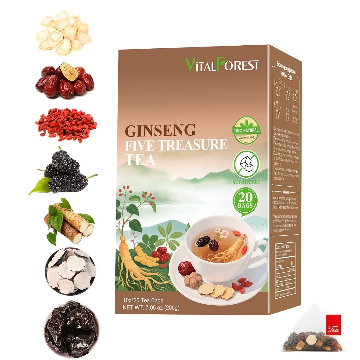 Kidney Tea Formula Ginseng Six Treasure Tea – 10g x 20 Bags Ginseng & Mulberry Herbal Tea Bags, Kidney Cleanse Detox Teas for Men & Women with Goji, Red Dates & Maca