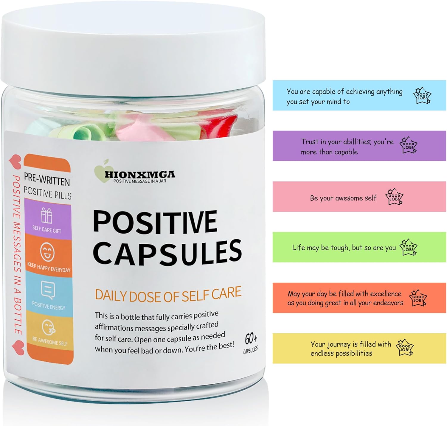 HIONXMGA Positive Messages in a Bottle (60+ Positive Affirmations), Self Care Gifts for Women Men, Daily Positivity Self Care Kit with Pre-Written Inspirational Messages for Relaxation Mindful Calm
