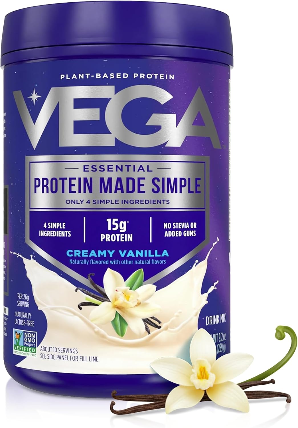 Vega Protein Made Simple Plant-Based Vanilla Protein Powder with 15g Protein – Stevia-Free, Clean Nutrition – 9.2 oz (10 Servings)