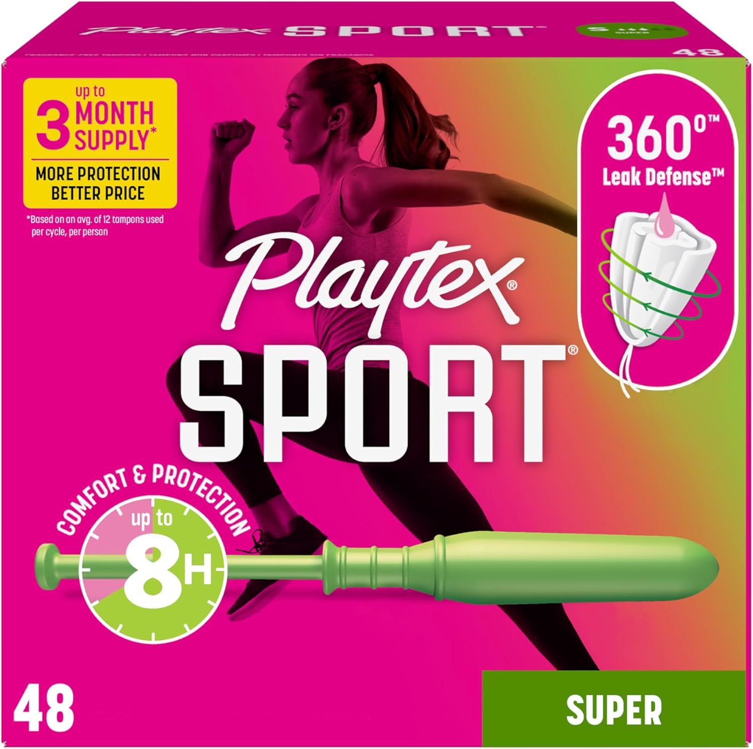 Playtex Sport Tampons Super Absorbency, Fragrance-Free – 48ct | Super Tampons for Women, Feminine Care, Playtex Tampon with 360 Leak Defense