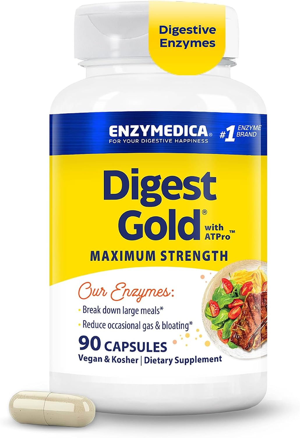 Enzymedica Digest Gold – Digestive Enzyme Supplement for Women & Men, Enzyme Capsules for Digestion, Gut Health Support, Helps Gas & Bloating, ATPro Energy Support, Maximum Strength, Vegan – 90 Caps