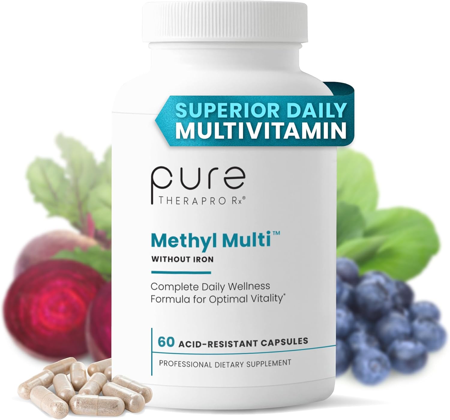 Pure Therapro Rx Methylated Multivitamin for Men and Women | Methyl Multi Without Iron + Methyl B12 & Methylfolate | Pharma Grade | 60 Capsules, 1-Month Supply