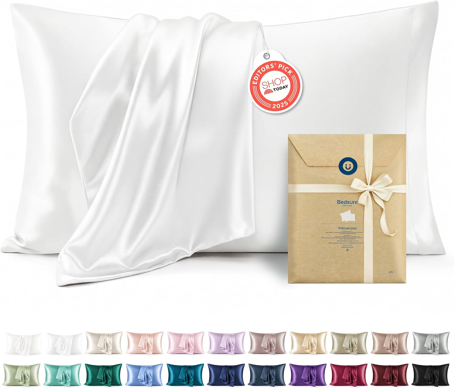 Bedsure Satin Pillowcases, Similar to Silk Pillow Cases Queen Size Set of 2, Pure White Cooling Pillow Case for Sleeping Women with Envelope Closure, Gifts for Women Men, 20×30 Inches, 2pcs