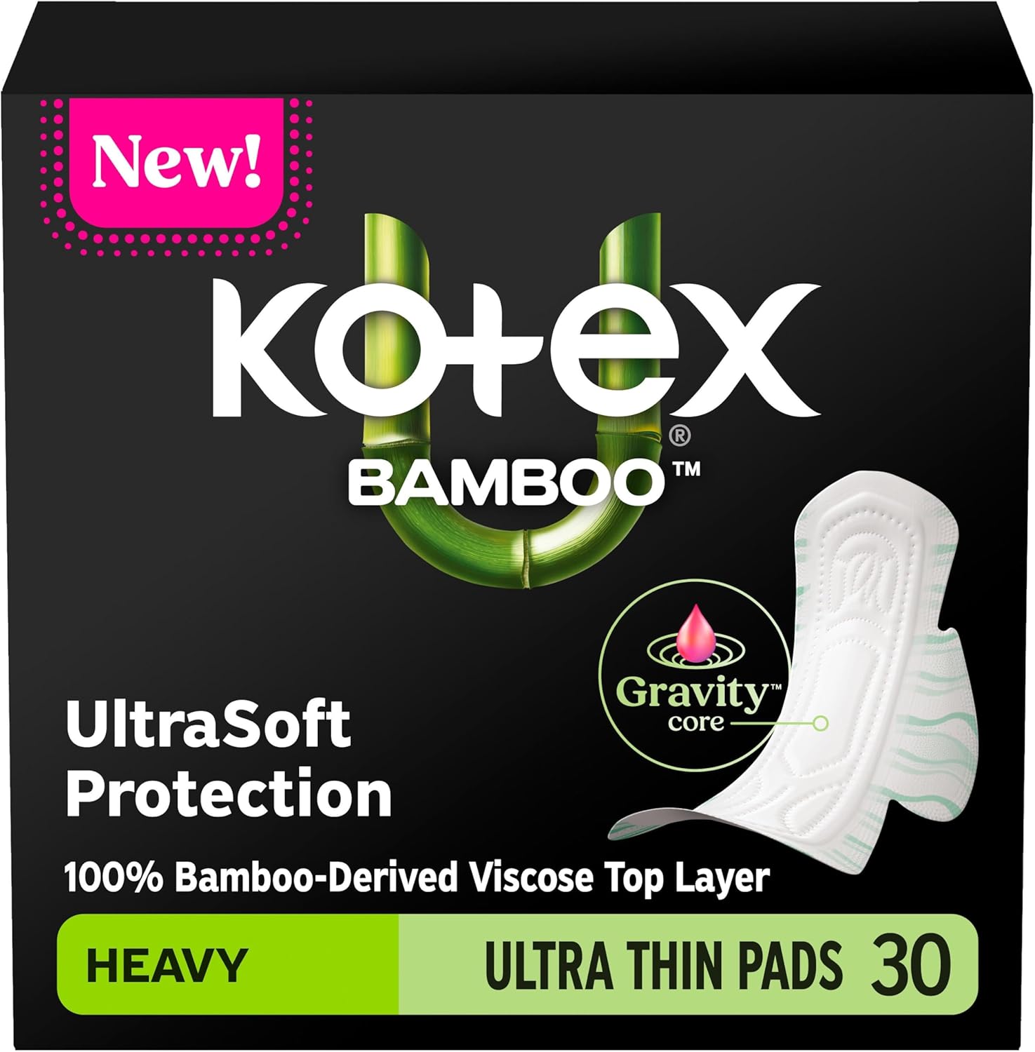 Kotex Bamboo Ultra Thin Pads with Wings, Heavy Absorbency, 30 Count (Packaging May Vary)