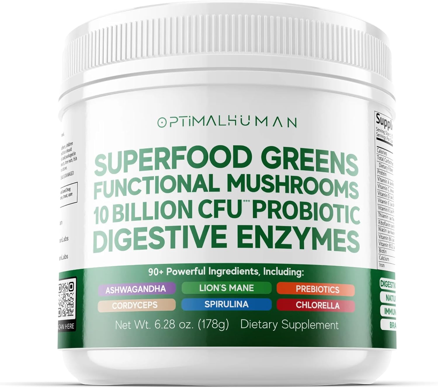 Optimal Human Superfood Greens Powder – 90+ Ingredient Blend with Lion’s Mane Supplement, Ashwagandha & Turmeric – Non-GMO, Soy-Free, Mushroom Supplements for Women – 6.28 oz