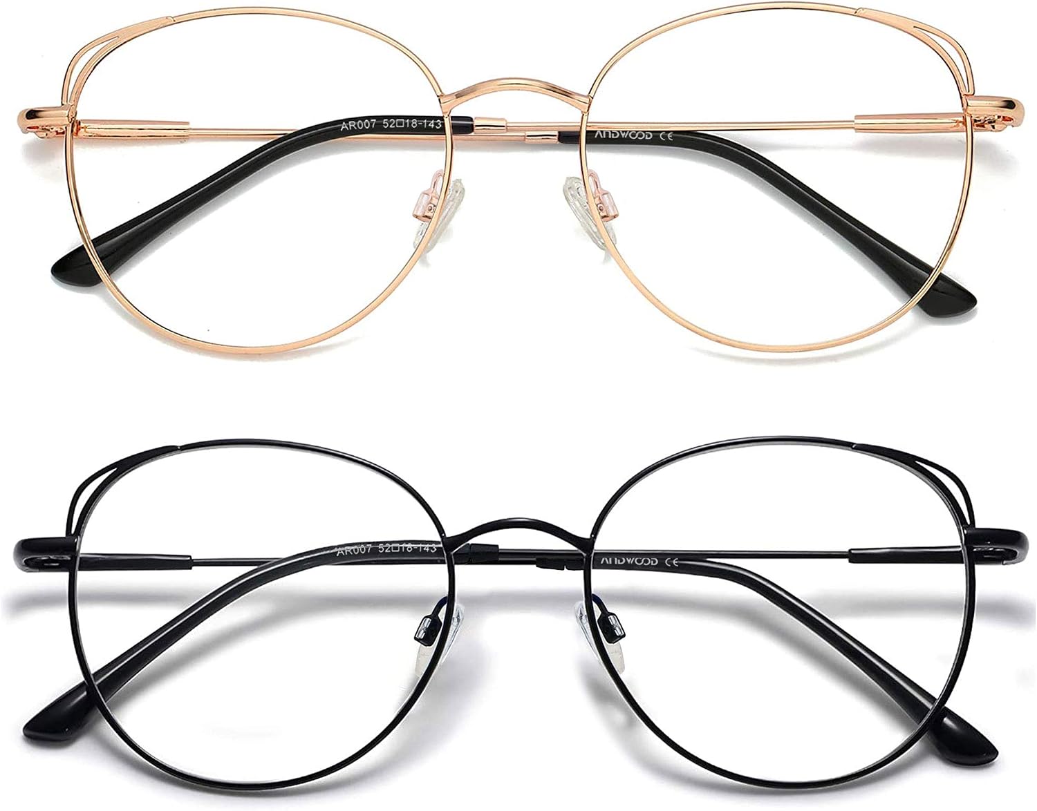 ANDWOOD Blue Light Blocking Glasses Women Cat Eye Computer Eyeglasses Metal Frame Hipster 2 Pack