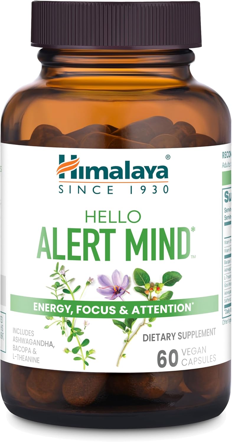 Himalaya Hello Alert Mind with L-Theanine, Ashwagandha, Bacopa, Vitamin B6 & B12, for Energy, Focus & Attention, Vegan, Gluten Free, 60 Capsules