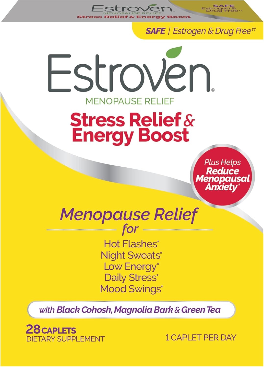 Estroven Stress Relief & Energy Boost for Menopause Relief – 28 Ct. – Clinically Proven Ingredients Provide Stress & Energy Support + Night Sweats & Hot Flash Relief – Drug-Free and Gluten-Free