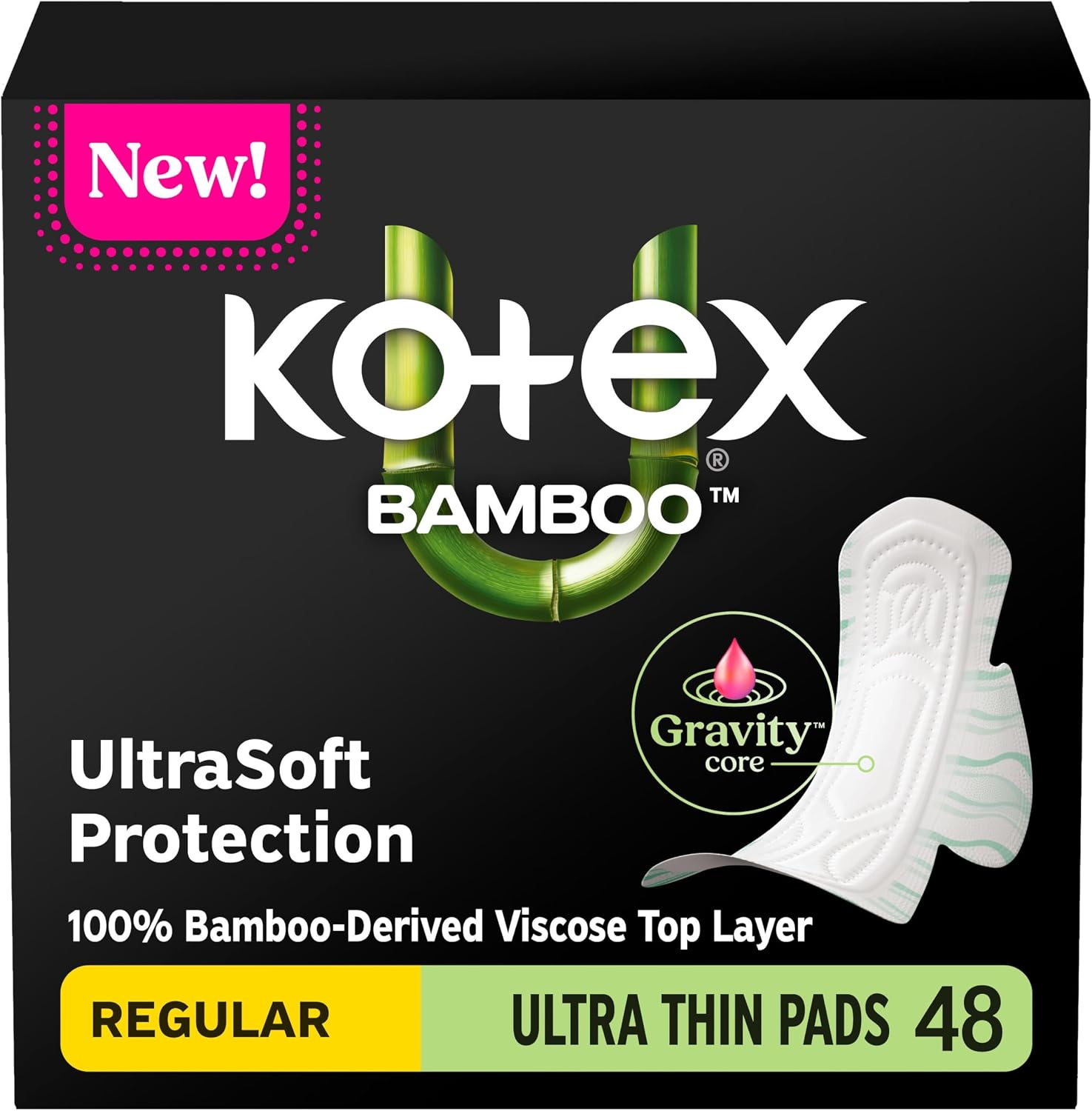 Kotex Bamboo Ultra Thin Pads with Wings, Regular Absorbency, 48 Count (Packaging May Vary)