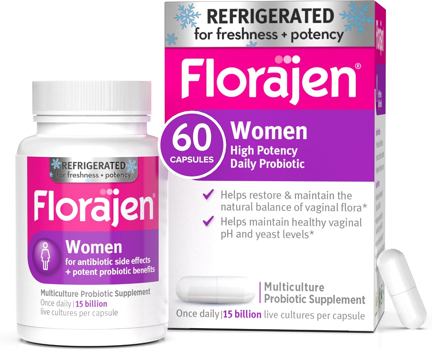 Florajen Women’s Probiotic – Vaginal Health, Gut Support, & Bloating Relief – Constipation Support for Adults – Refrigerated for Freshness & Potency – Live Active Cultures Daily Support – 60 Capsules
