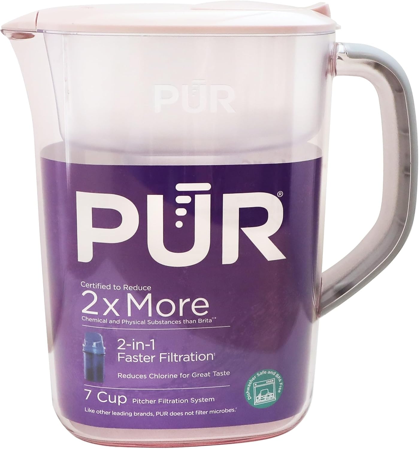 PUR 7-Cup Water Pitcher, 1 Genuine Filter, Cleaner, Great-tasting Water, Dishwasher Safe, Powerful, Faster Filtration, LockFit Cap Design – Blush