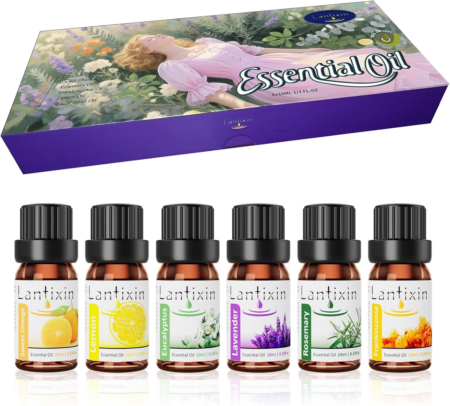 Lantixin Top 6 Essential Oils Set: Frankincense, Rosemary, Eucalyptus, Lavender, Sweet Orange, Lemon – Perfect Starter Kit for Diffusers, Aromatherapy Beginners – 6 x 0.3 oz (1.8 fl oz Total)