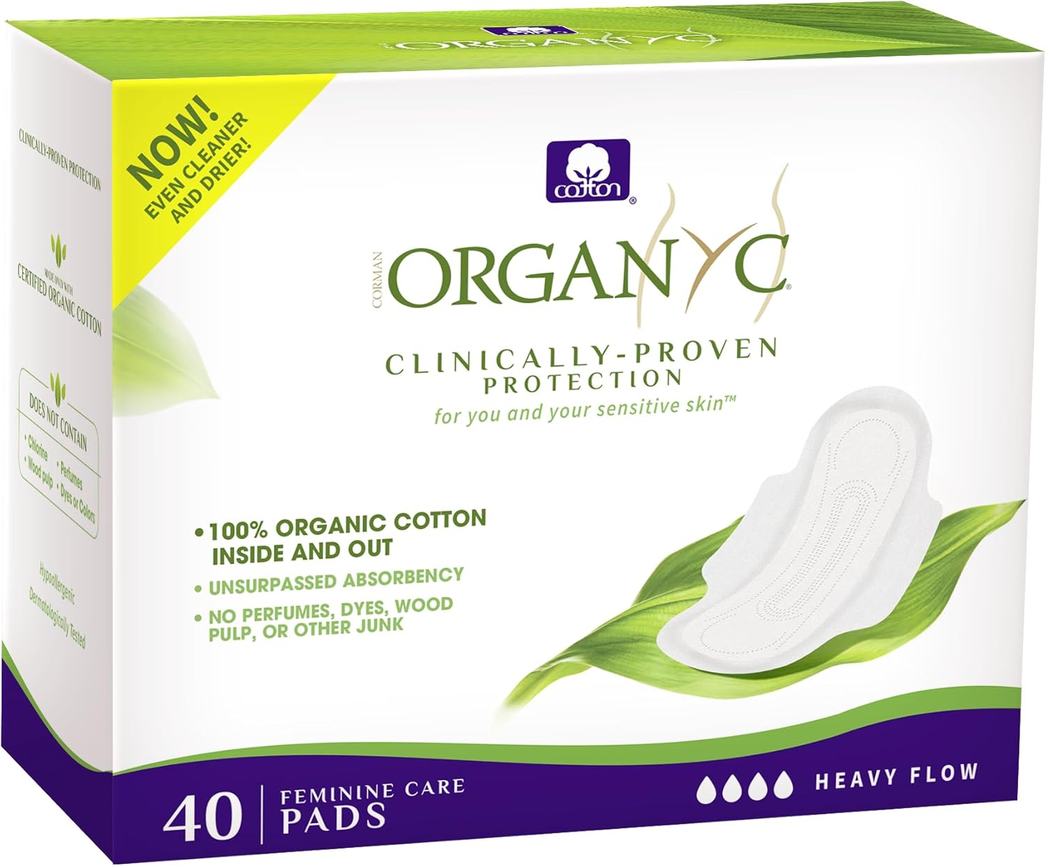 Organyc – 100% Certified Organic Cotton Inside and Out Feminine Pads, Sanitary Napkin 40 Count, Heavy Flow, New Larger Size Packaging