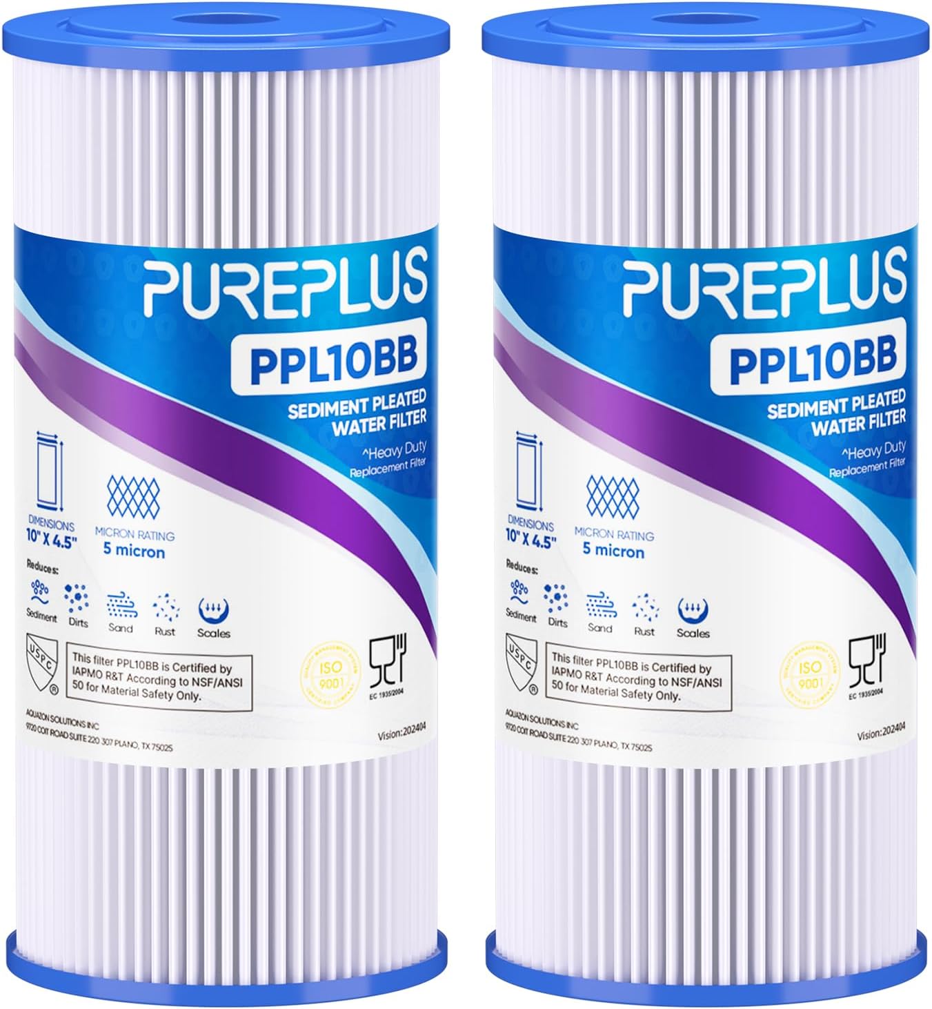 PUREPLUS 5 Micron 10″ x 4.5″ Whole House Pleated Sediment Filter for Well Water, Replacement Cartridge for GE FXHSC, Culligan R50-BBSA, Pentek R50-BB, DuPont WFHDC3001, W50PEHD, GXWH40L, 2Pack