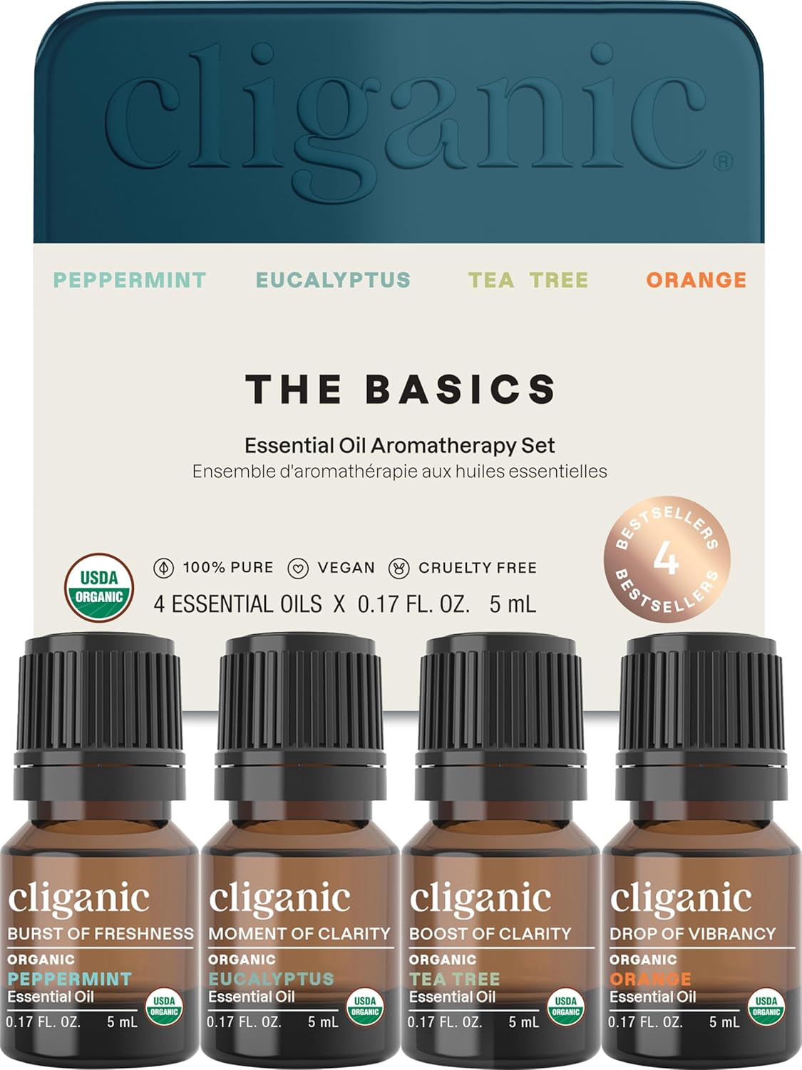 Cliganic Organic Essential Oils Gift Set (Top 4 – The Basics), 100% Pure Natural Aromatherapy – Peppermint, Eucalyptus, Tea Tree & Orange