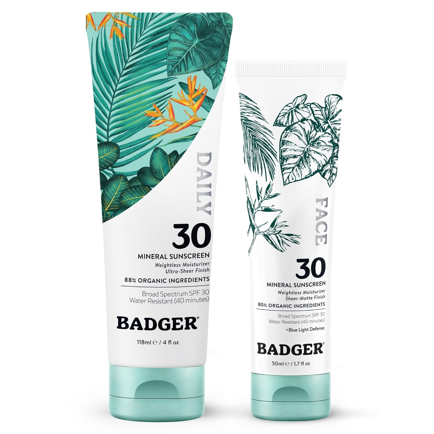 Badger Mineral Daily and Face Sunscreen Combo, SPF 30 Lightweight Organic Mineral Sunscreens with Zinc Oxide, Hydrating Everyday Sunscreen Lotions for Face & Body, Vegan & Unscented, 2-Pack