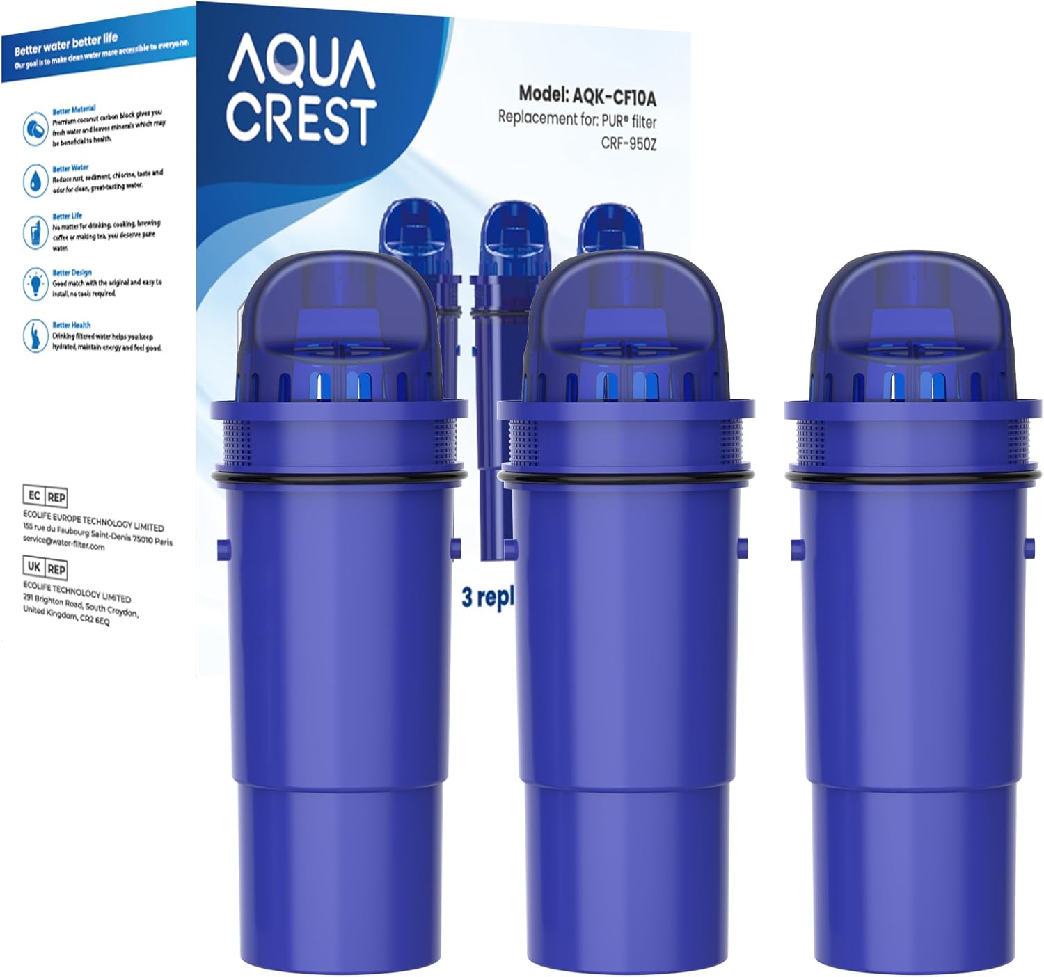 AQUA CREST CF10A Water Filter Replacement for Pur® Plus Pitcher Water Filter, CRF950Z, PPF951K, PPF900Z, PPT700, PPT111, CR1100, DS1800 and All Pur® Pitchers and Dispensers, NSF Certified, 3 Pack