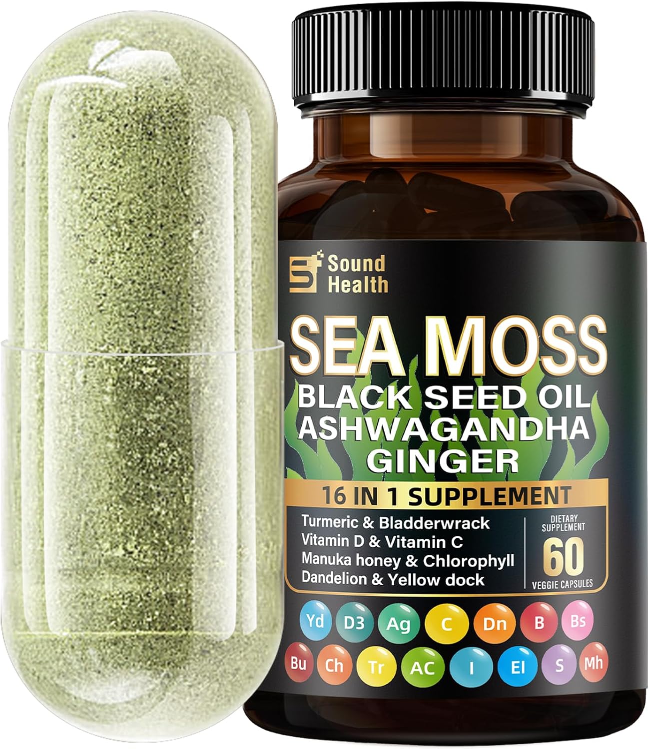 SoundHealth Irish Sea Moss Capsules for Sleep Support & Hair Growth,16 in 1 Complex Supplement for Men & Women