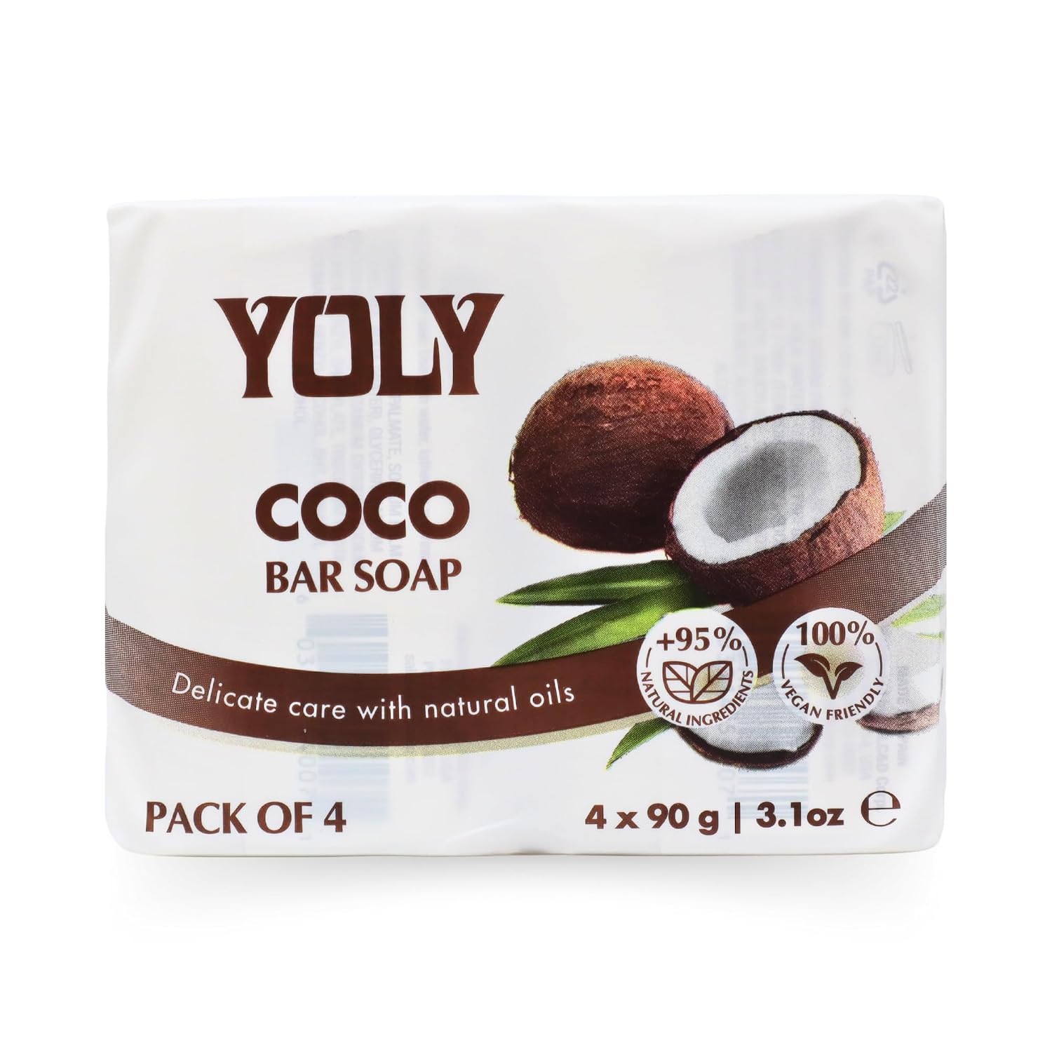 YOLY Coconut Bar Soap (90 g, Pack of 4) – 95% Natural, Vegan-Friendly Moisturizing Soap for Silky Smooth Skin