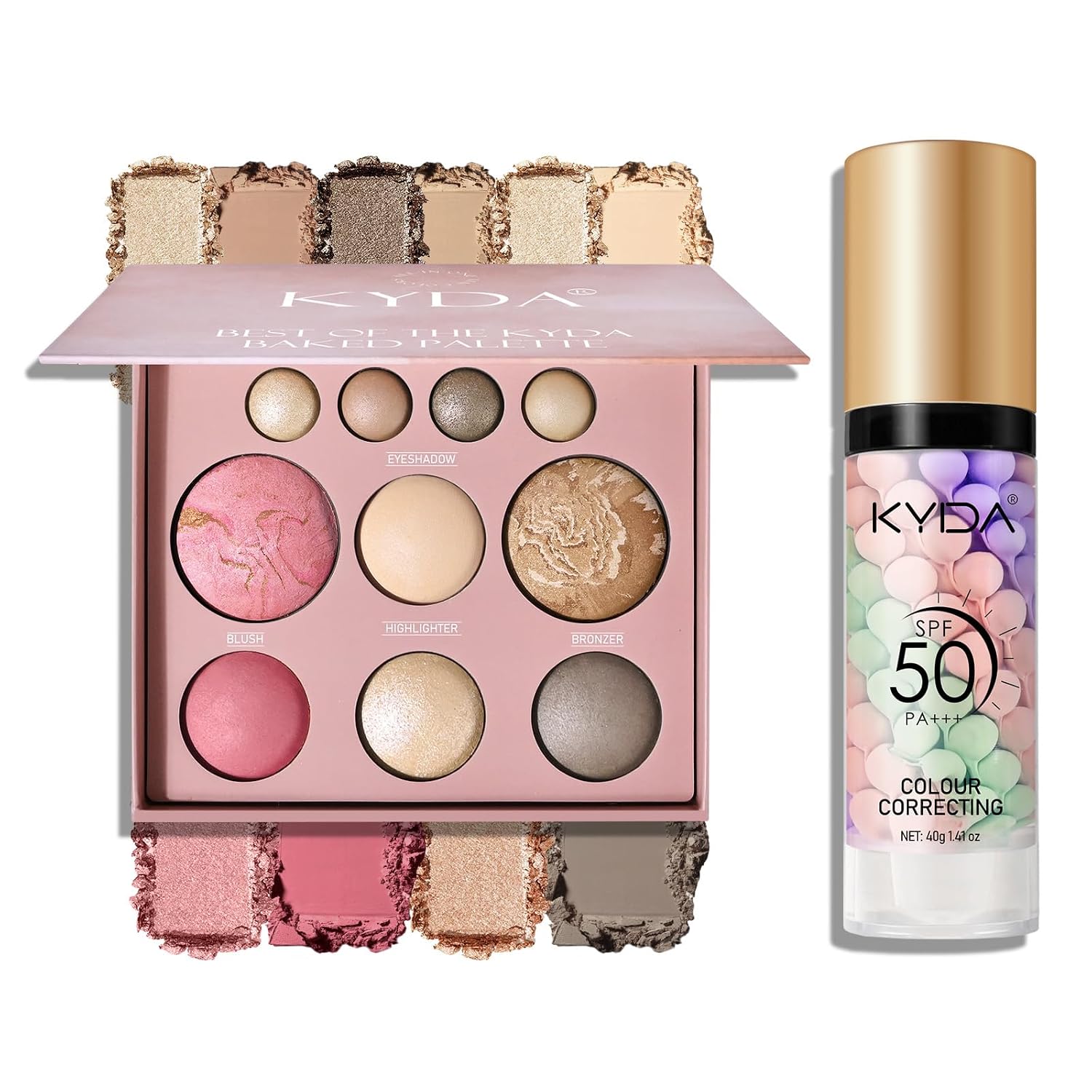 KYDA Baked Makeup Kit, Full Size Baked Makeup Palette + Color Correcting Primer, Lasting Sparkling, All-In-One Face Make Up Starter Set for Women