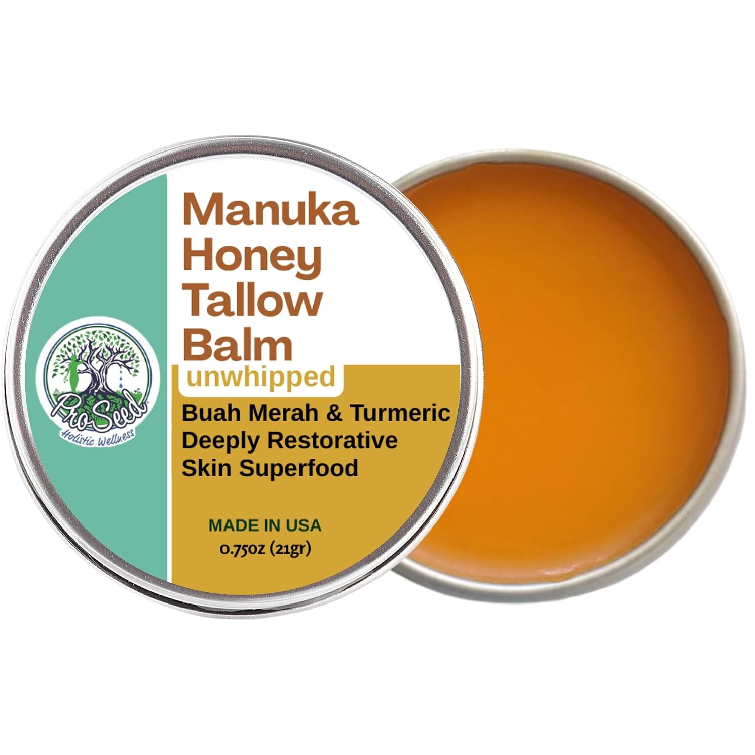 ProSeed Manuka Honey Unwhipped Tallow Balm – Handmade Grass-Fed Beef Moisturizer with Frankincense, Vitamin E, Castor, Buah Merah & Turmeric – Face & Body Cream for Men, Women & Kids – Travel Size