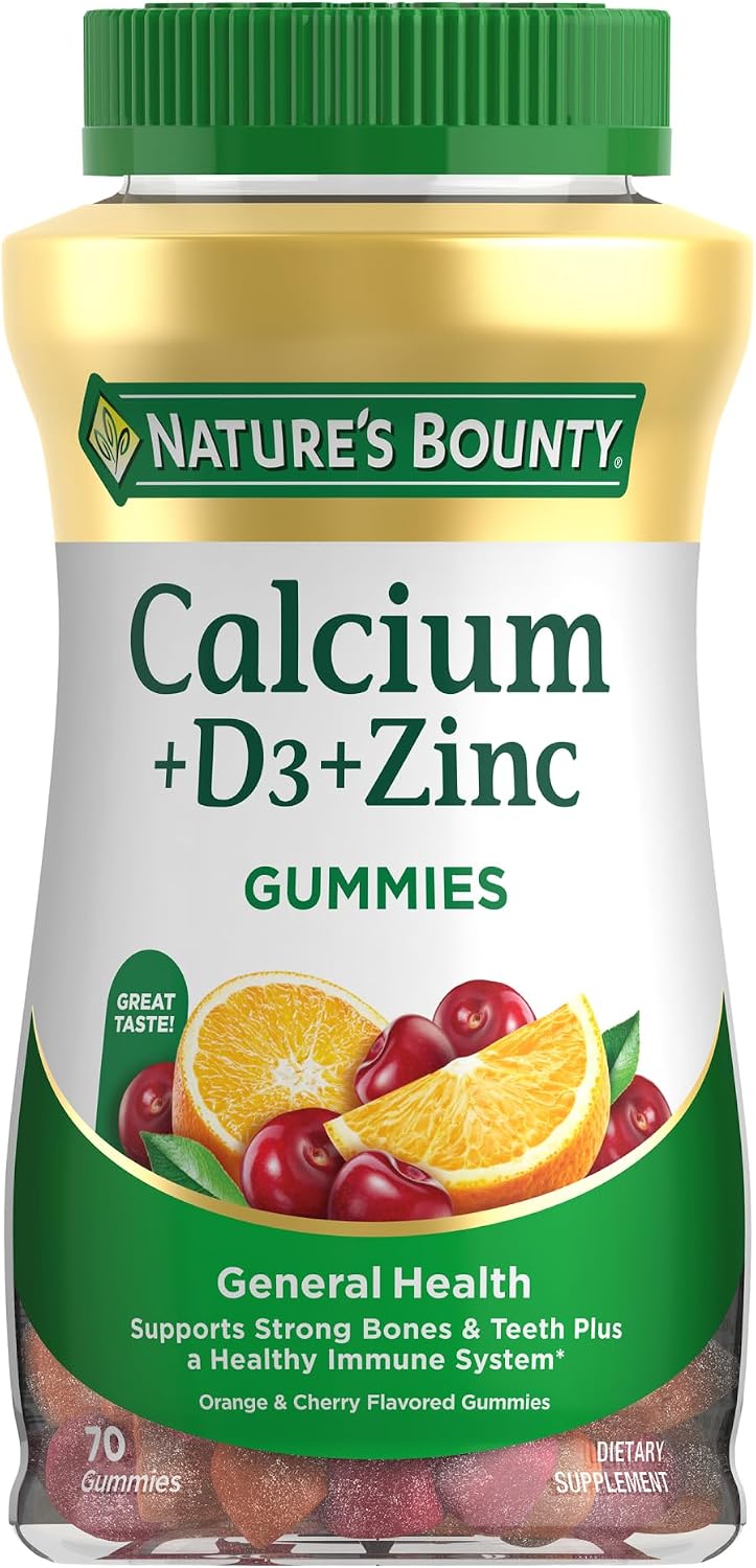 Nature’s Bounty Calcium + D3 + Zinc Gummies, Supports Strong Bones & Teeth Plus a Healthy Immune System, 500mg, Orange and Cherry Flavored, 70 Gummies