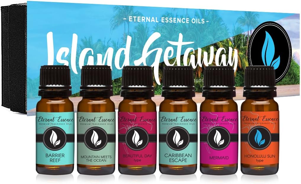 Eternal Essence Oils Island Getaway Set of 6 Premium Fragrance Oils – Includes Barrier Reef, Mountain Meets The Ocean, Beautiful Day, Caribbean Escape, Mermaid, and Honolulu Sun Hype – 10ML