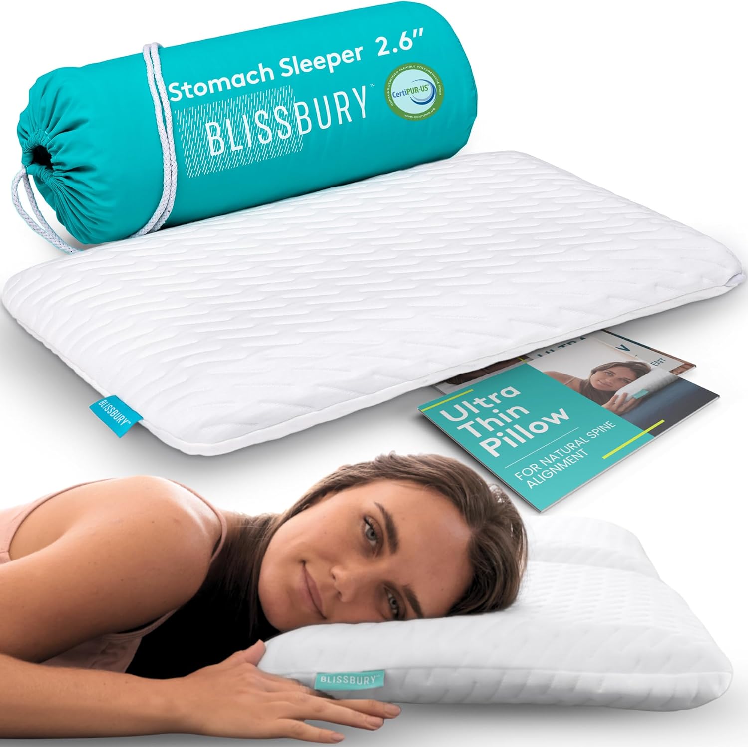 BLISSBURY Stomach Sleeping Pillow – Ultra Thin 2.6″ Memory Foam for Neck and Cervical Support | Flat Pillow for Belly Sleeper | Low Loft Design for Comfort and Better Sleep